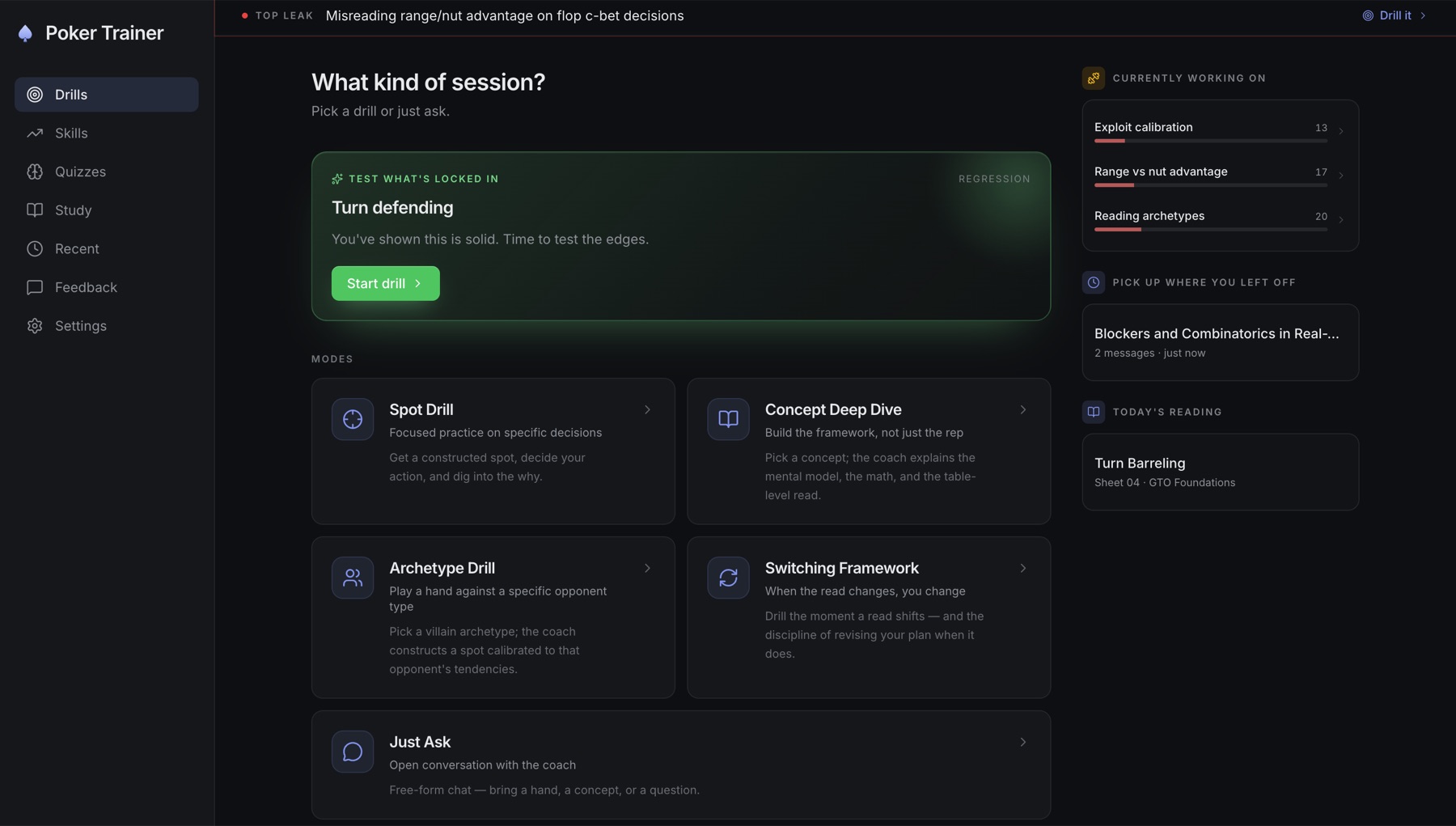Drills home in Holdem Drills with Spot Drill, Concept Deep Dive, Archetype Drill, Switching Framework, and Just Ask modes.