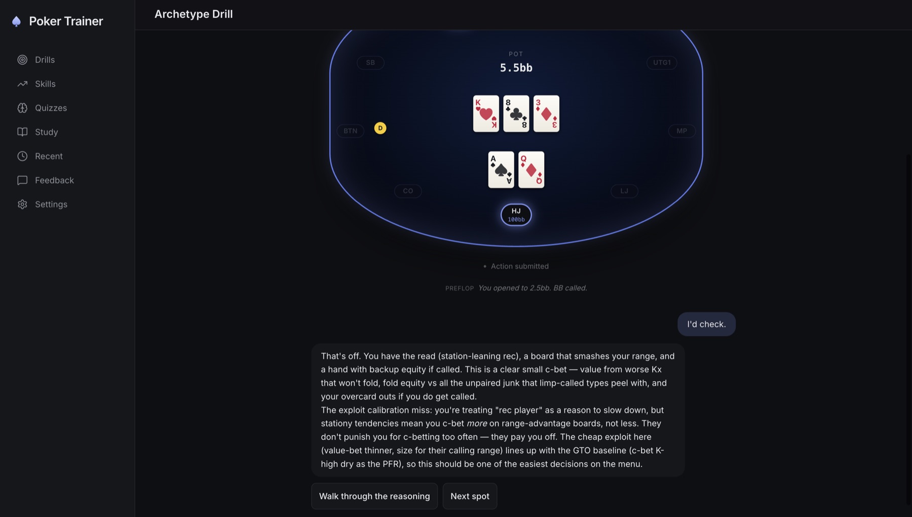 Post-decision coach response in Holdem Drills, walking through the read, the board, and the exploit-calibration miss in plain language.
